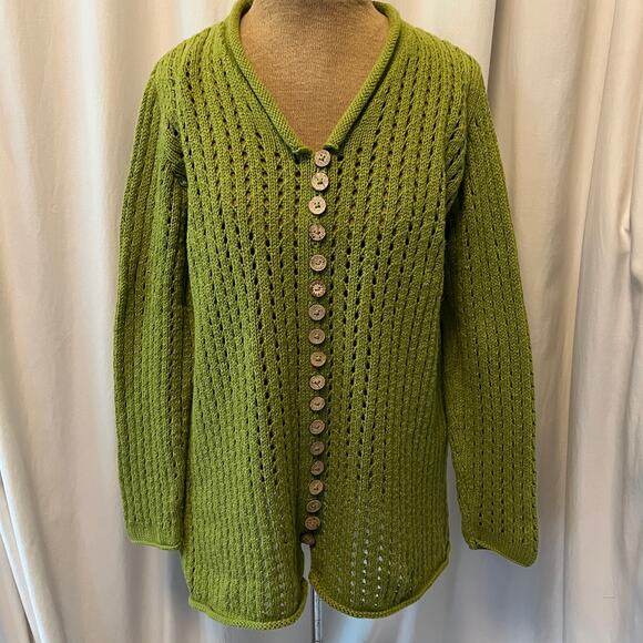 Pure Handknit Women's Canadian Loose Knit Cotton Green Sweater Cardigan M - Picture 2 of 11